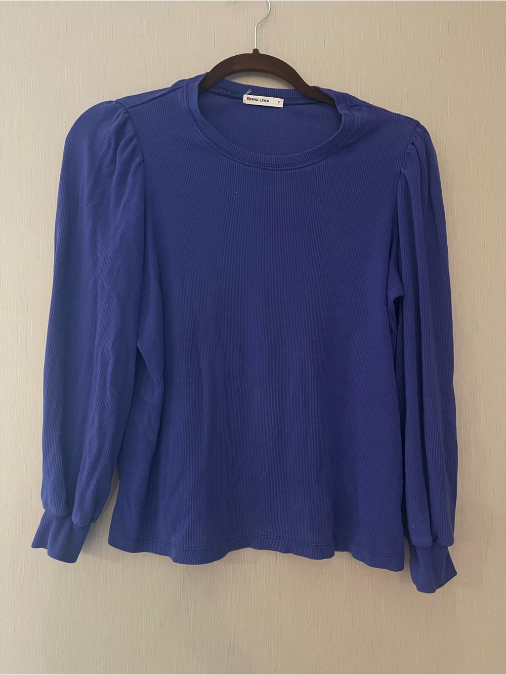 Marine layer Royal Blue purple Puff-Sleeve Ribbed Top long sleeve cinch wrist